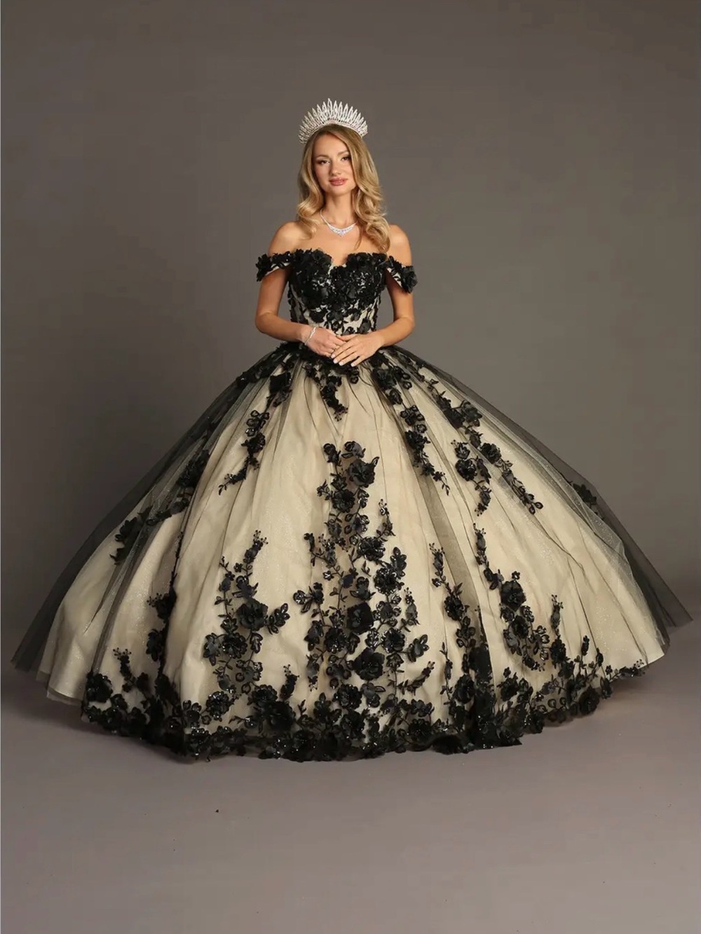 Ivory Ball Gown Prom Dress with Black Floral Appliqué